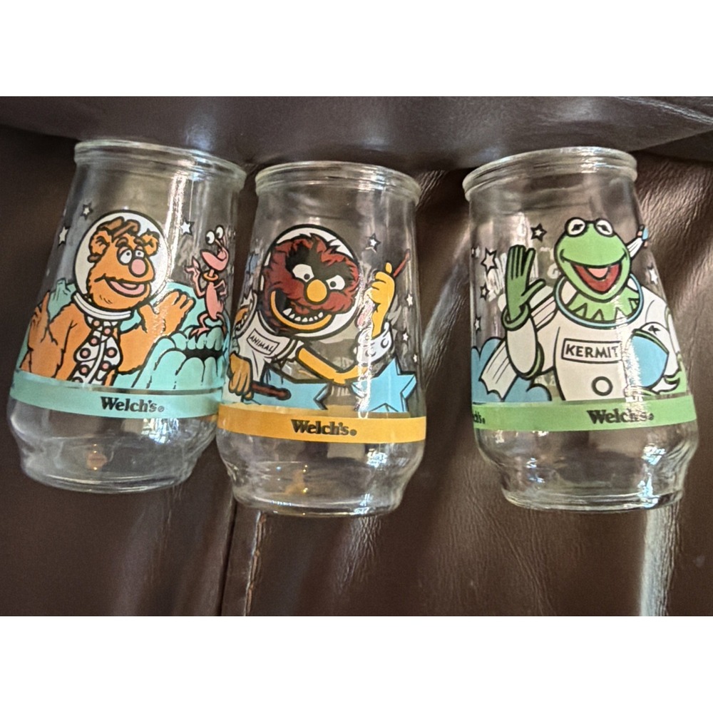 Welch's Muppets in Space collector jelly jars Glasses Kermit Fuzzy Bear Animal